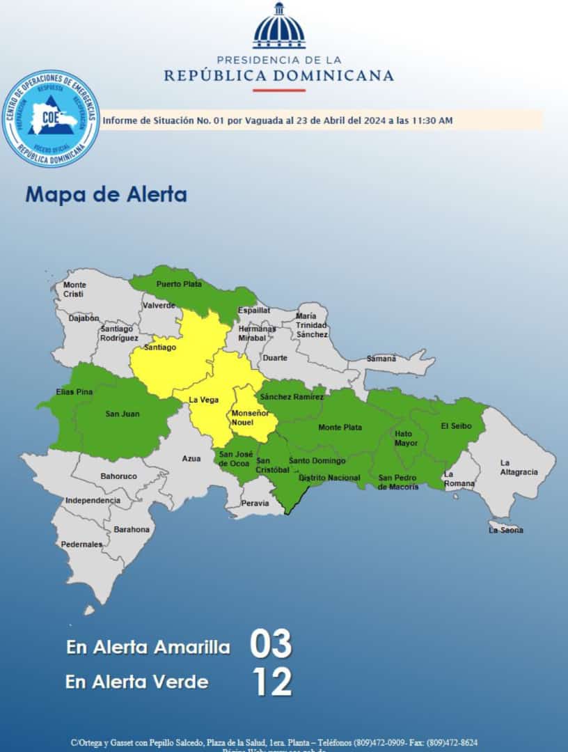 COE coloca tres provincias en alerta amarilla y doce en verde debido a vaguada