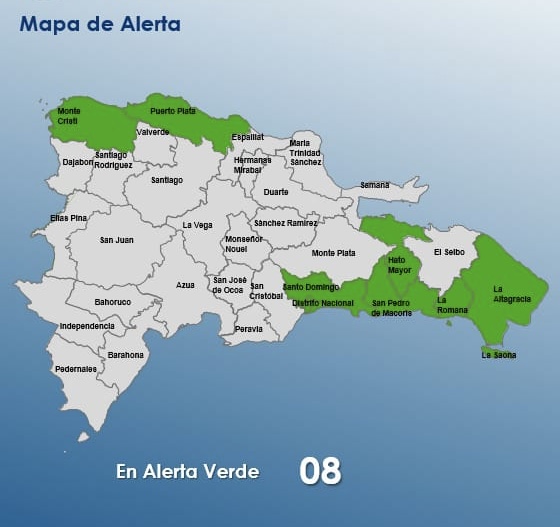 El Distrito Nacional y siete provincias en alerta verde por aguaceros este lunes debido a sistema frontal 