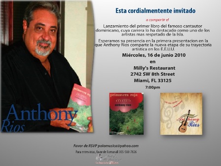 CANTAUTOR ANTHONY RÍOS PONDRÁ CIRCULACIÓN LIBRO, NUEVO DISCO EN ESTADOS UNIDOS