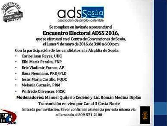 Realizarán hoy “Encuentro Electoral ADSS 2016” con todos los candidatos a la alcaldía de Sosúa