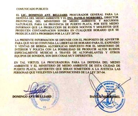 Autoridades de Medio Ambiente en Puerto Plata advierten sobre ruidos durante festividades navideñas