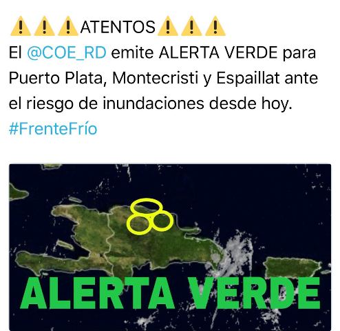 Emiten alerta verde para Puerto Plata por sistema frontal que provocará lluvias débiles a moderadas en ocasiones