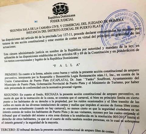 Tribunal rechaza acción de amparo que buscaba impedir carnaval en zona cercana a bomberos y Logia Restauración de Puerto Plata