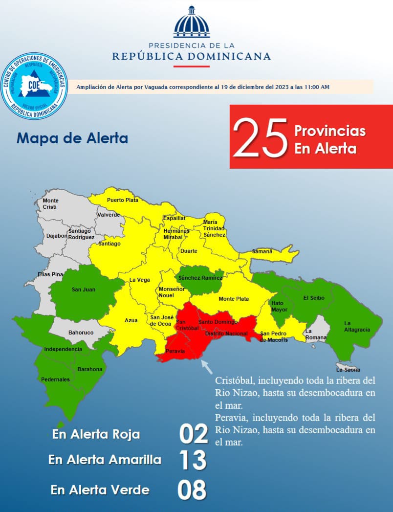 COE emite alerta amarilla para Puerto Plata, continuaran las lluvias en gran parte de RD   