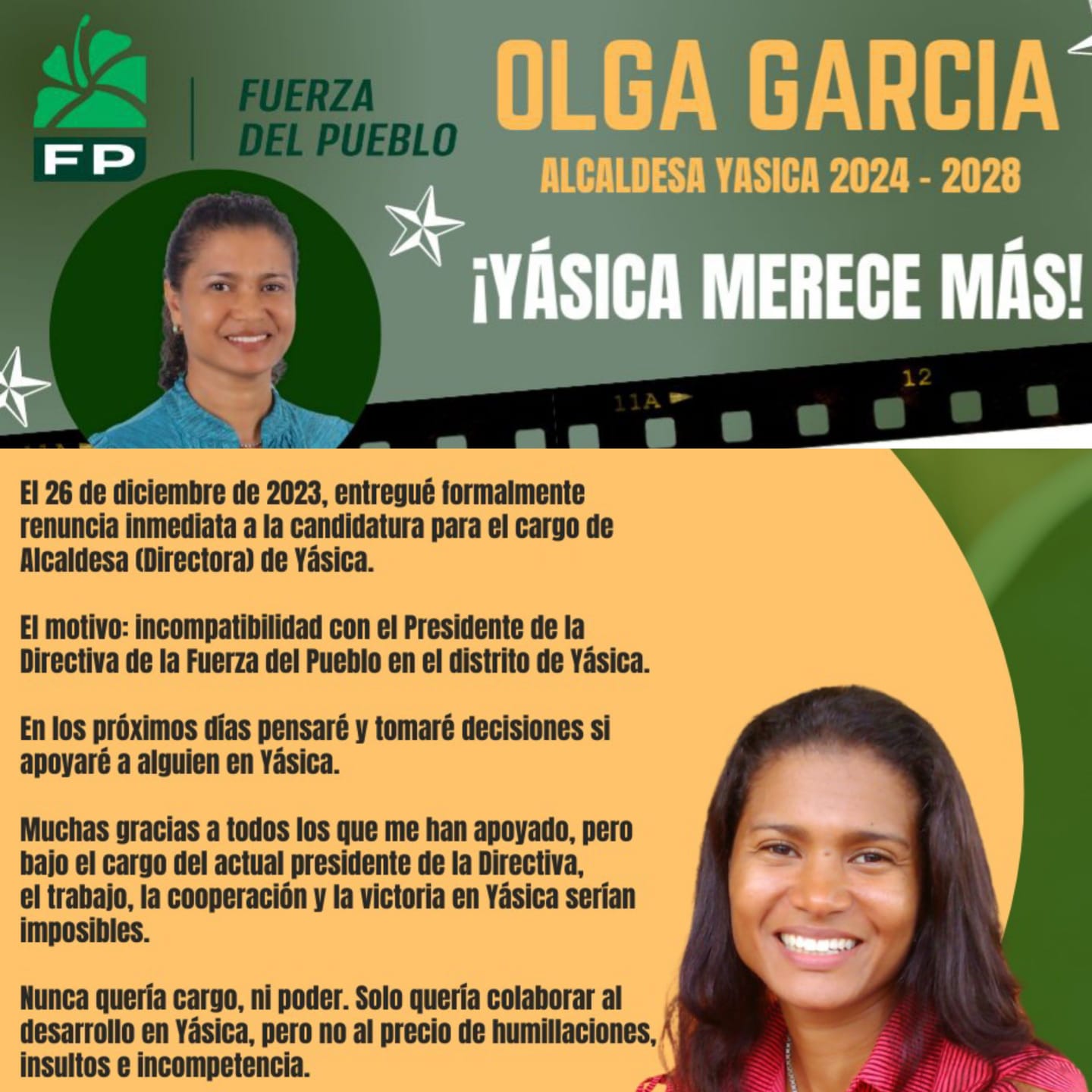 Renuncia candidata de la FP a la junta distrital de Yásica Arriba