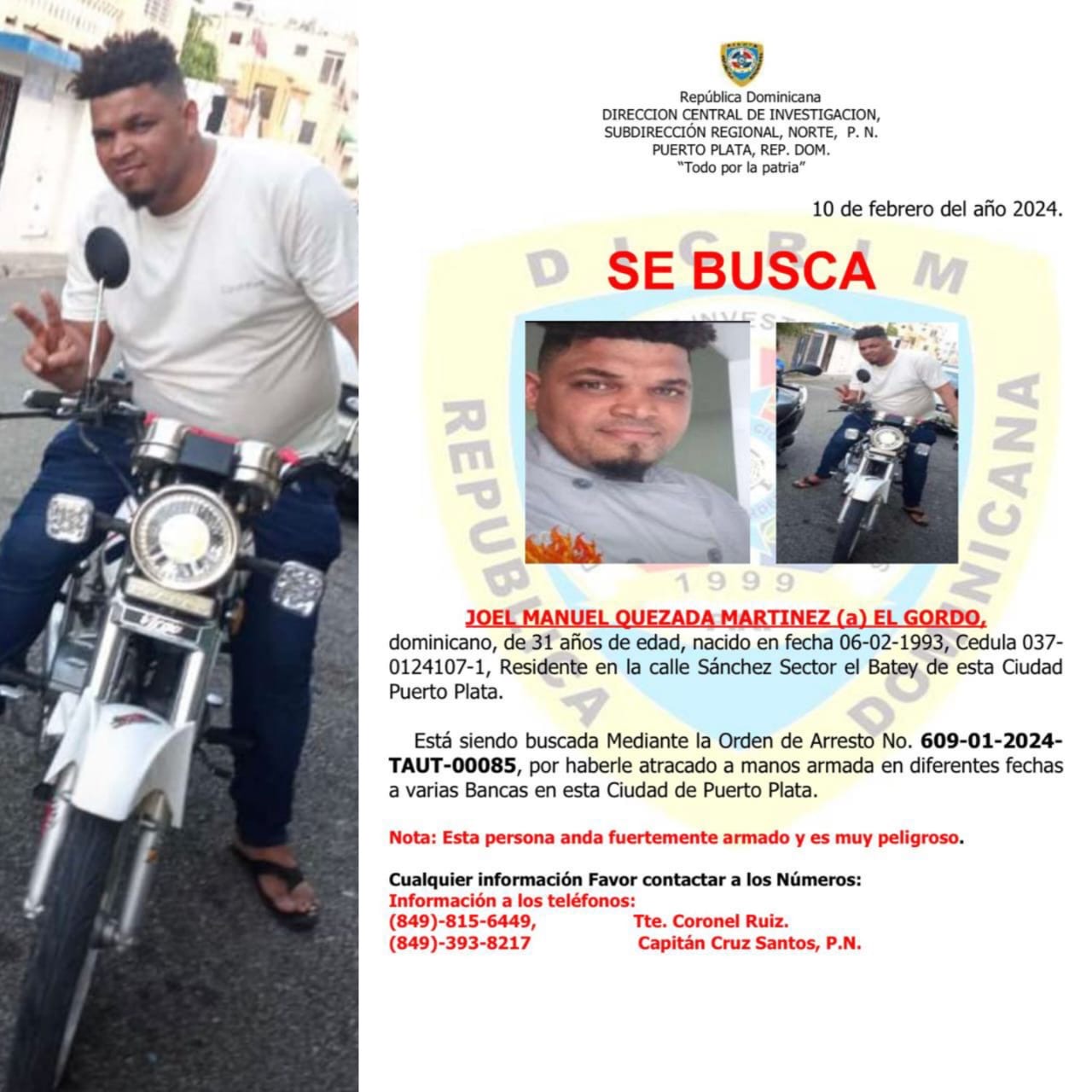 Se entrega antisocial acusado de asaltar bancas de loterías en Puerto Plata