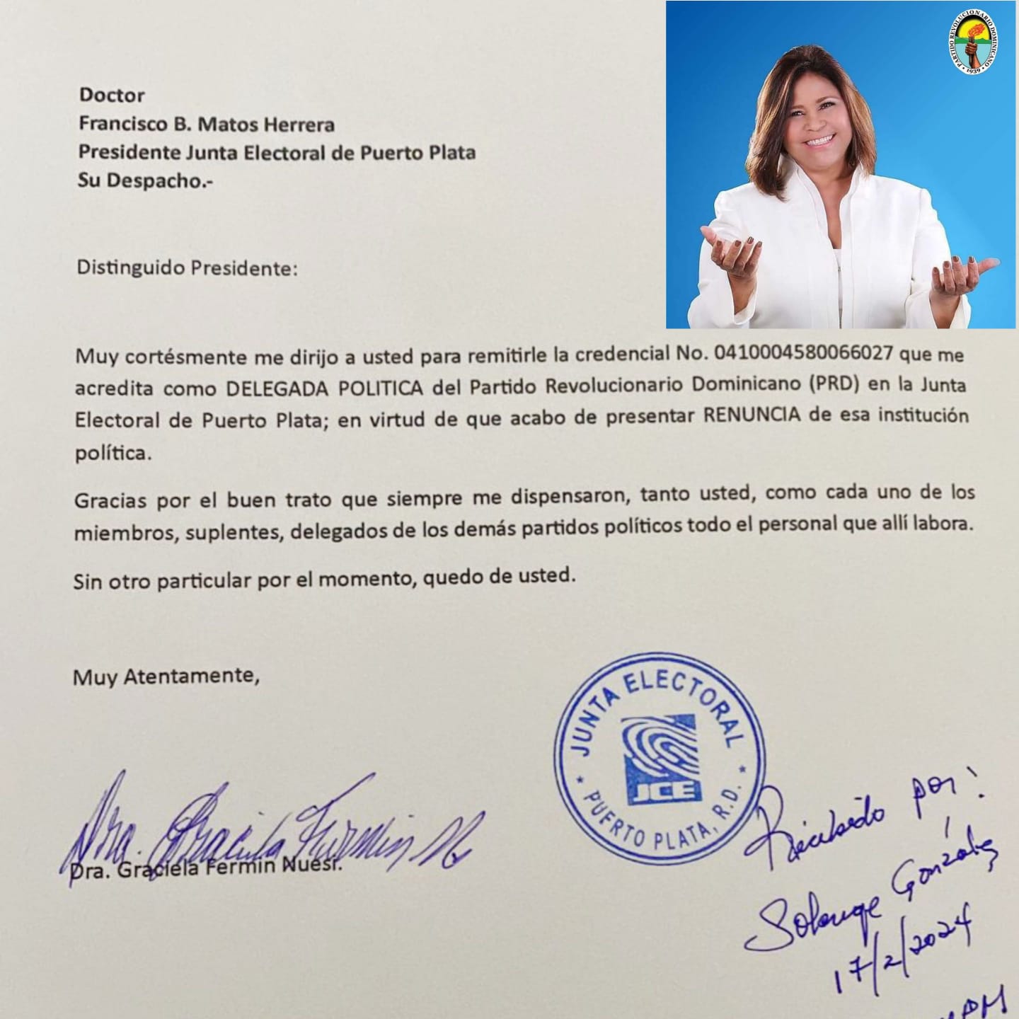 Renuncia presidenta del PRD en Puerto Plata y delegada política ante la JCE 