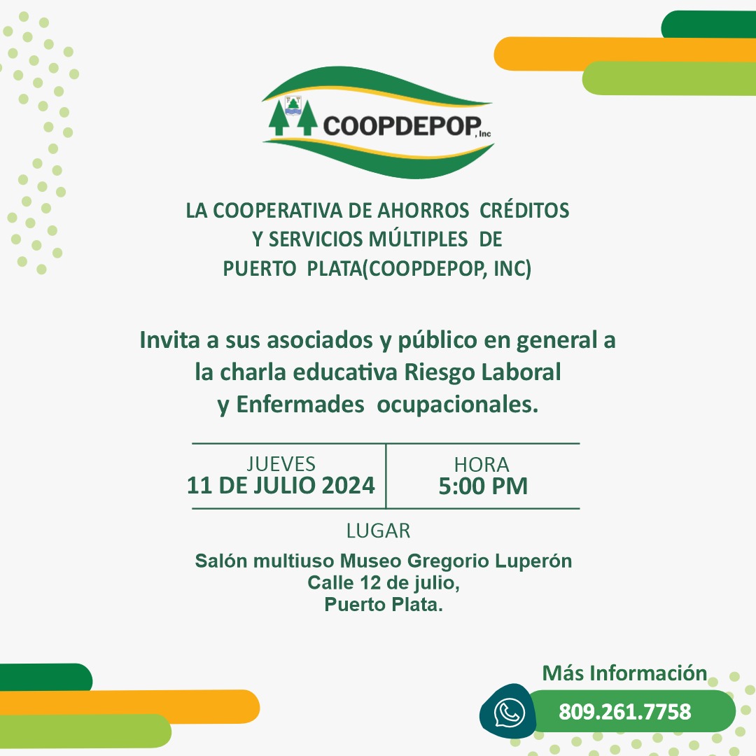 COOPDEPOP, INC invita a charla educativa sobre Riesgo Laboral y Enfermedades Ocupacionales