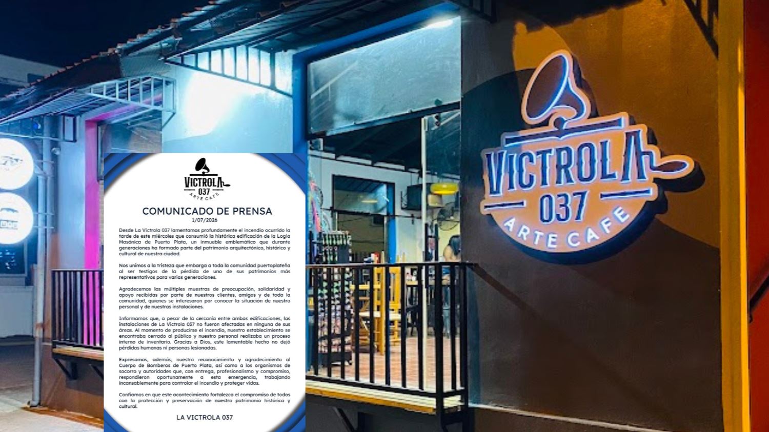 La Victrola 037 lamenta incendio que afectó la Logia Restauración No. 11 y aclara que sus instalaciones no resultaron afectadas