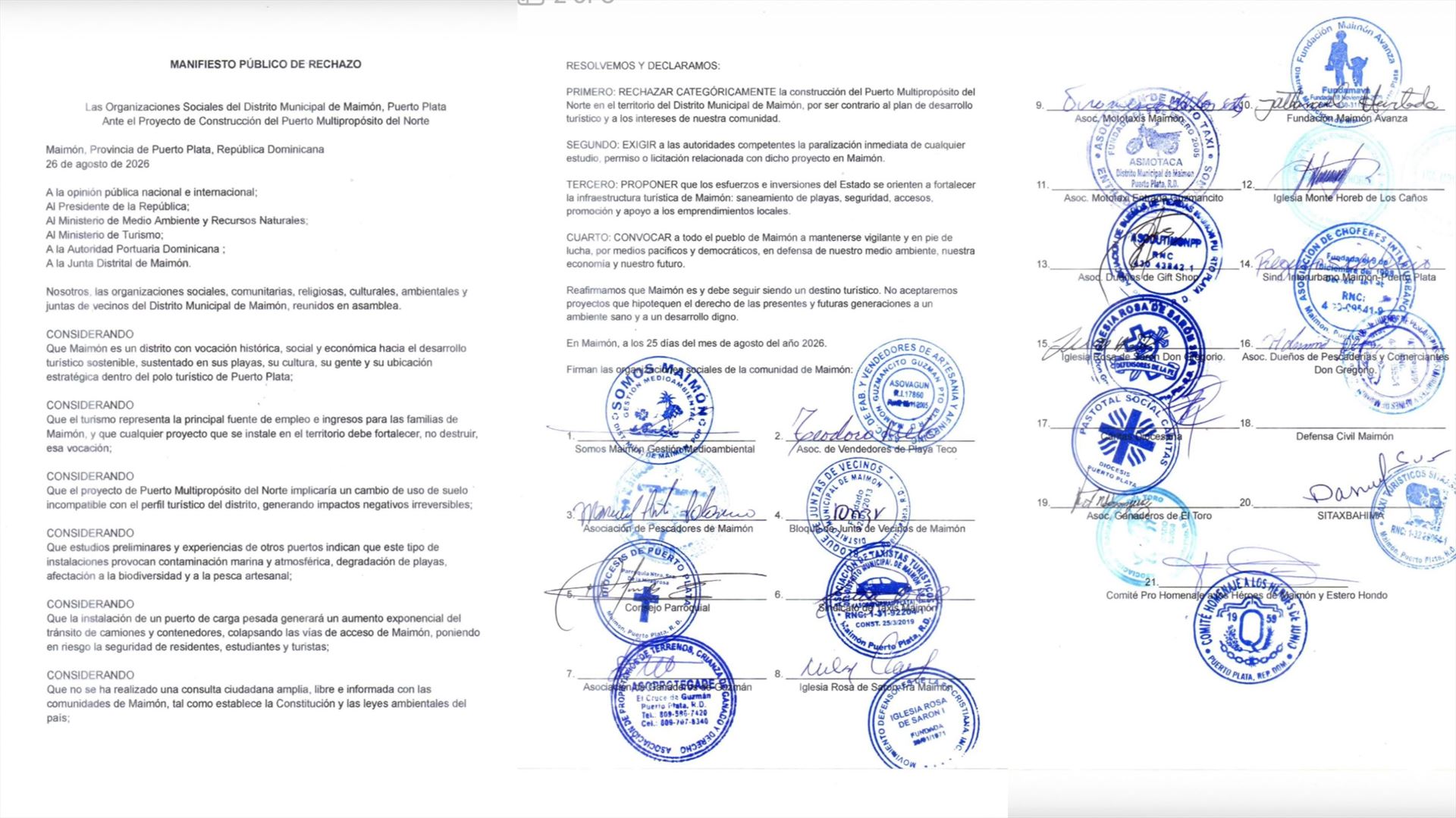 Instituciones de Maimón, Puerto Plata, rechazan instalación de puerto multipropósito en esa comunidad