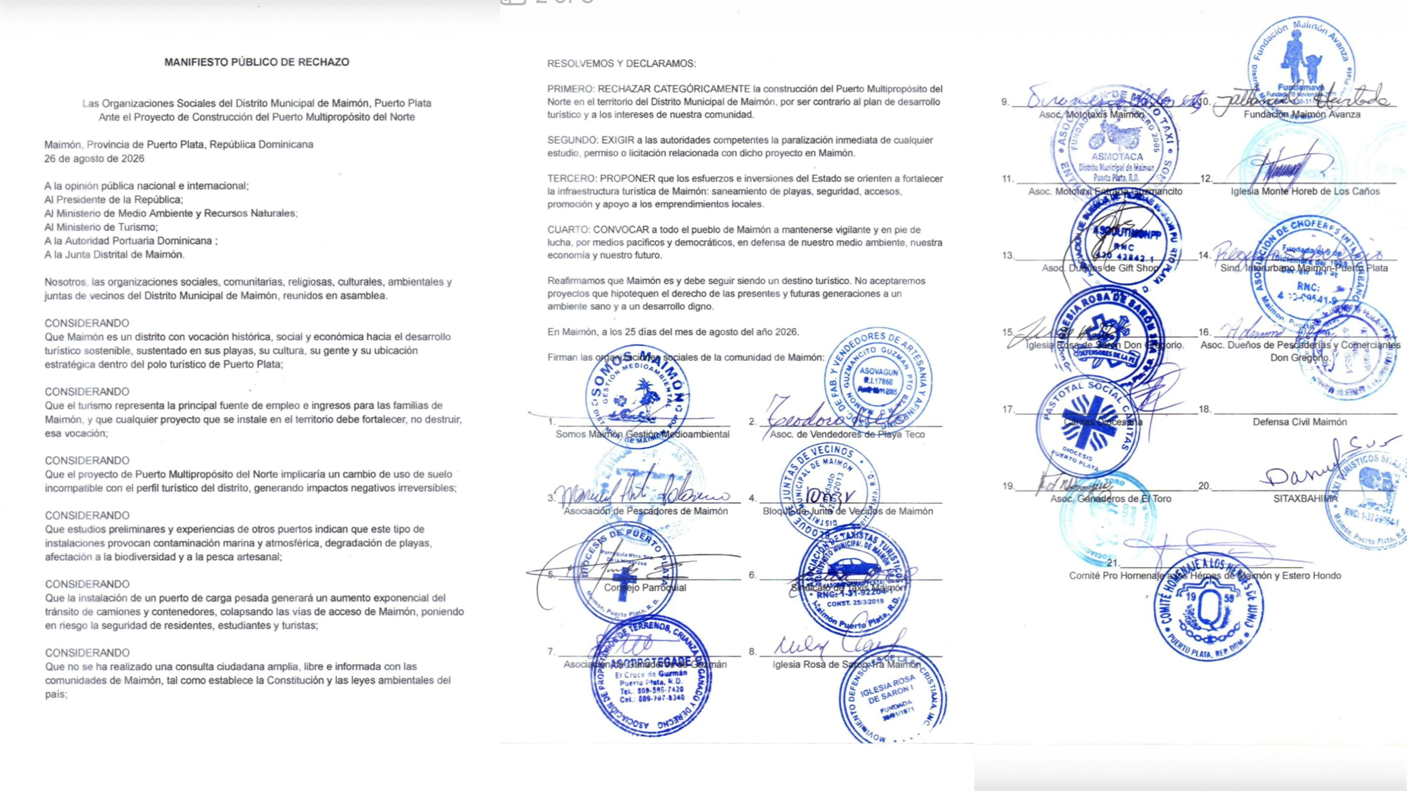 Instituciones de Maimón, Puerto Plata, rechazan instalación de puerto multipropósito en esa comunidad